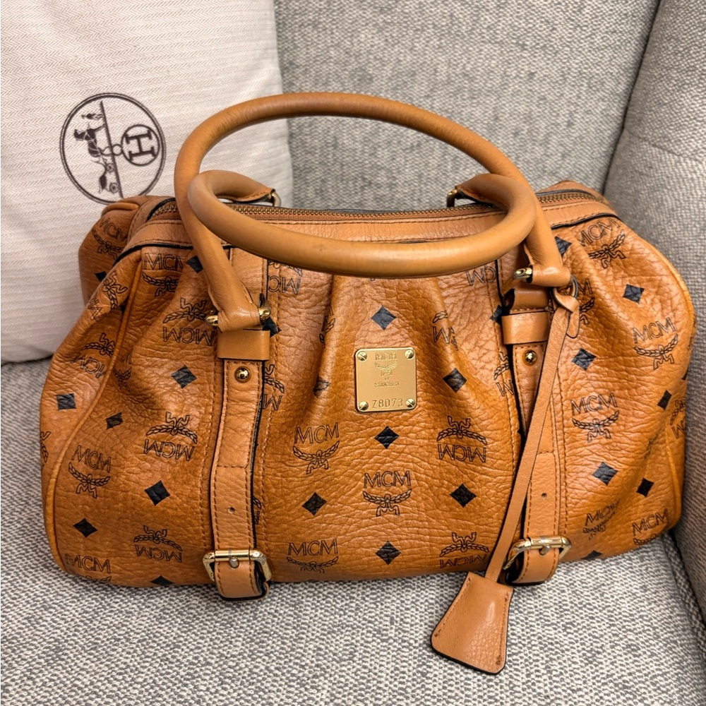 MCM Cognac Leather Satchel with Logo Details